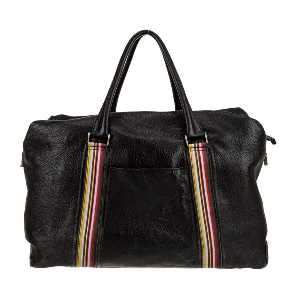 Paul Smith Black Leather Weekender Bag with Multicolor signature strip
